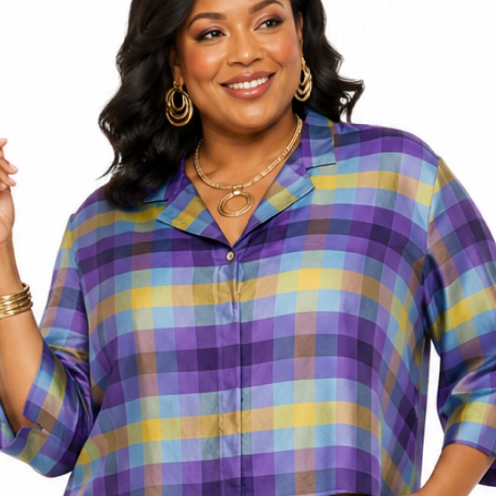 Valerie Stevens 14W 100% Silk Plaid Blouse Blue Button Front Plus Size Shirt